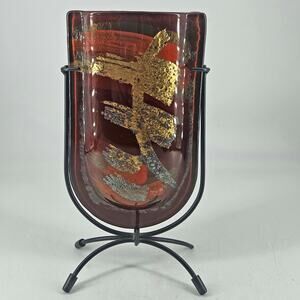 Jasmine Art Glass oxblood gold color Abstract Vase Metal Stand
